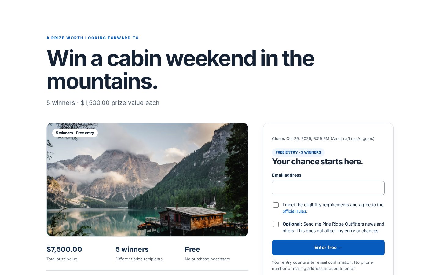A published cabin-weekend giveaway page with a mountain lake photo, five winners and a simple entry form