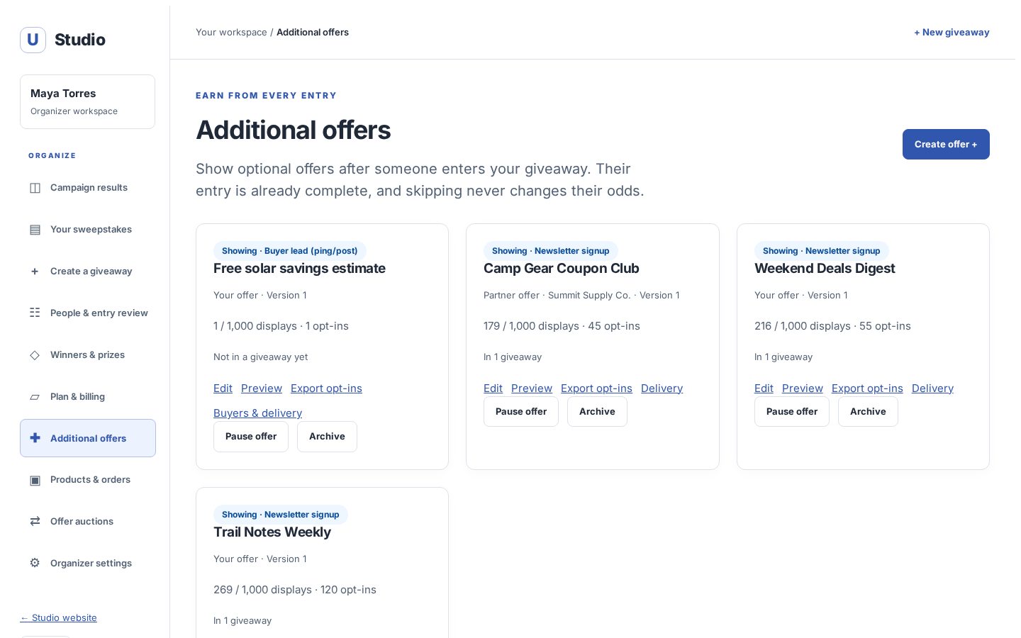The additional offers library showing displays and opt-ins for each offer