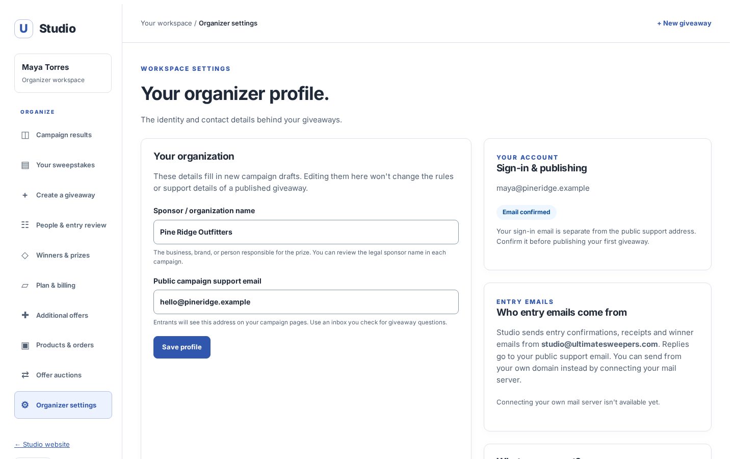 Organizer settings with campaign support details and entry email information
